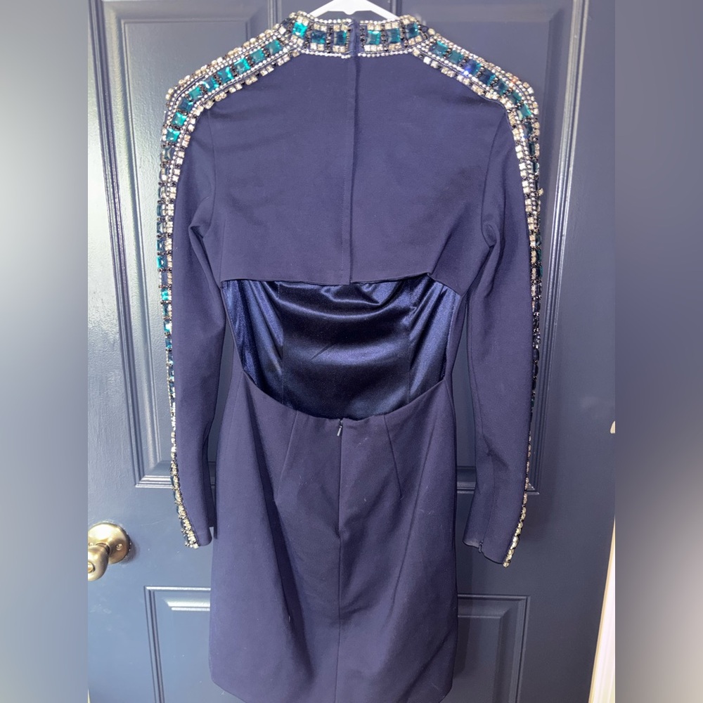 Sherri Hill Navy Backless Dress with Embellished Shoulders
